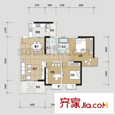 好利來上島酈舍戶型圖C2型 3室2廳2衛(wèi)1廚
