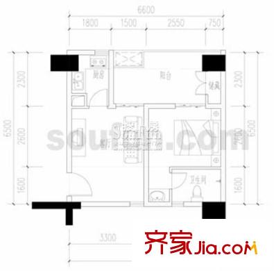 和旭QQ時(shí)代戶型圖A-2 1室1廳1衛(wèi)1廚
