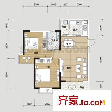 好利來上島酈舍戶型圖B2型 2室2廳1衛(wèi)1廚