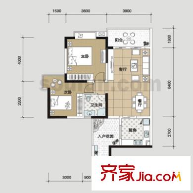 好利來上島酈舍戶型圖B6型 2室2廳1衛(wèi)1廚