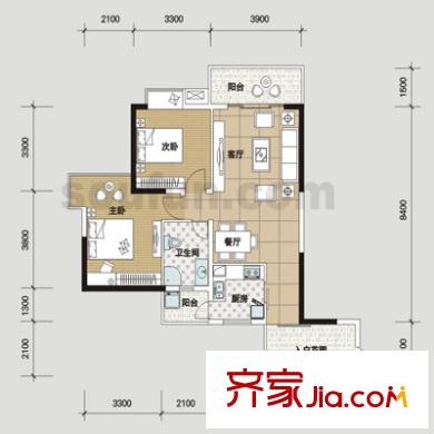 好利來上島酈舍戶型圖B5型 2室2廳1衛(wèi)1廚