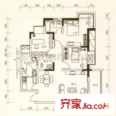 書香美舍戶型圖A3 3室2廳2衛(wèi)1廚