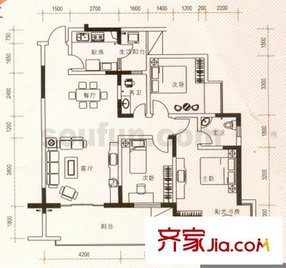 書香美舍戶型圖D1 3室2廳2衛(wèi)1廚