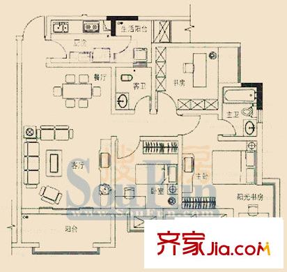 書香美舍戶型圖戶型圖 3室2廳2衛(wèi)1廚