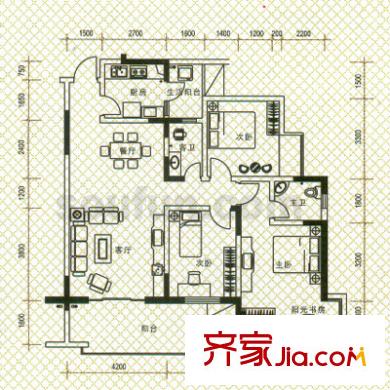 書香美舍戶型圖D1 3室2廳2衛(wèi)1廚