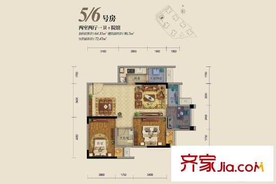 國(guó)富沙磁巷一期5號(hào)樓標(biāo)準(zhǔn)層5、6號(hào)房戶型 2室2廳1衛(wèi)1廚