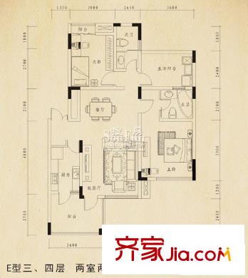 巨豪香溪美林一期高層所有樓棟E型三四層戶型 2室2廳2衛(wèi)1廚