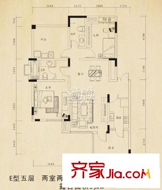 巨豪香溪美林一期高層所有樓棟E型五層戶型 2室2廳2衛(wèi)1廚