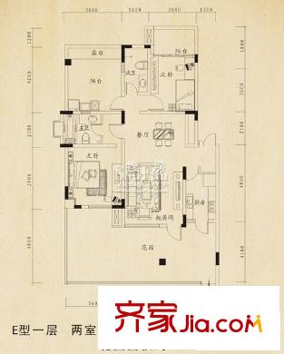 巨豪香溪美林一期高層所有樓棟E型一層戶型 2室2廳2衛(wèi)1廚