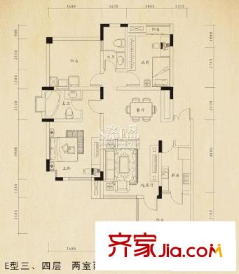 巨豪香溪美林一期高層所有樓棟E型三四層戶型 2室2廳2衛(wèi)1廚