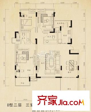 巨豪香溪美林一期高層所有樓棟D型二層戶型 3室2廳2衛(wèi)1廚