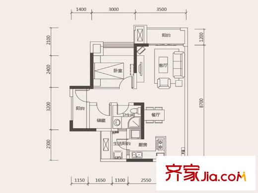 協(xié)信阿卡迪亞江山凌云一期高層6號(hào)樓標(biāo)準(zhǔn)層M2戶型 1室2廳1衛(wèi)1廚
