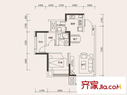 協(xié)信阿卡迪亞江山凌云一期高層6號樓標(biāo)準(zhǔn)層M1戶型 1室2廳1衛(wèi)1廚