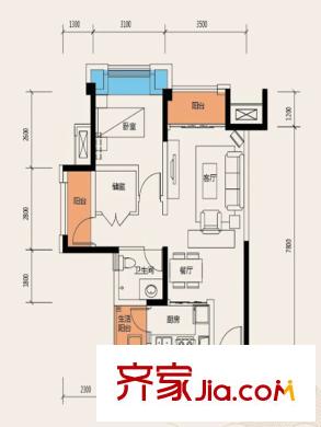 協(xié)信阿卡迪亞江山凌云一期高層5號樓標(biāo)準(zhǔn)層J1戶型 1室2廳1衛(wèi)1廚