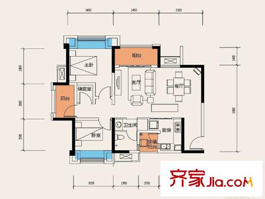 協(xié)信阿卡迪亞江山凌云一期高層5號(hào)樓標(biāo)準(zhǔn)層K1戶(hù)型 2室2廳1衛(wèi)1廚