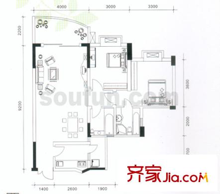 尚賞居戶型圖C型標(biāo)準(zhǔn)房1,6號(hào) 2室2廳2衛(wèi)1廚