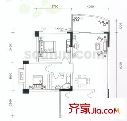 尚賞居戶型圖C棟標(biāo)準(zhǔn)房3,4號(hào) 2室2廳1衛(wèi)1廚