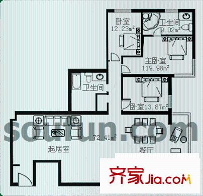 龍湖南苑戶型圖B戶型 3室2廳2衛(wèi)1廚