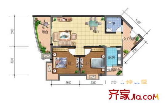 榮鼎國際戶型圖戶型圖3 2室2廳1衛(wèi)1廚