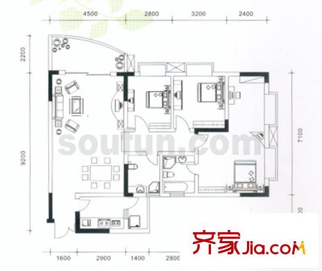 尚賞居戶型圖D棟標(biāo)準(zhǔn)房2,5號(hào) 3室2廳2衛(wèi)1廚