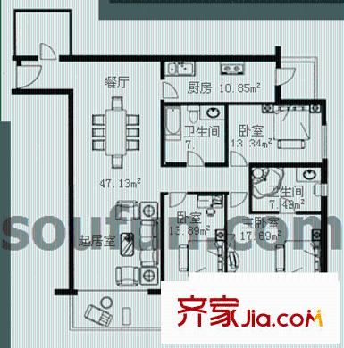 龍湖南苑戶型圖A戶型 3室2廳2衛(wèi)1廚