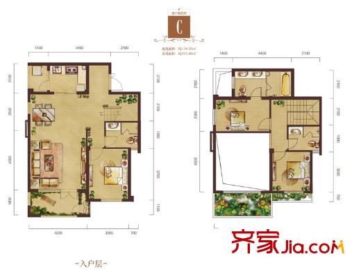 景瑞御藍(lán)灣1期疊拼別墅躍層C戶型 3室2廳3衛(wèi)1廚