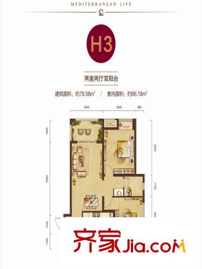 景瑞御藍(lán)灣一期洋樓所有樓棟標(biāo)準(zhǔn)層H3戶型 2室2廳1衛(wèi)1廚