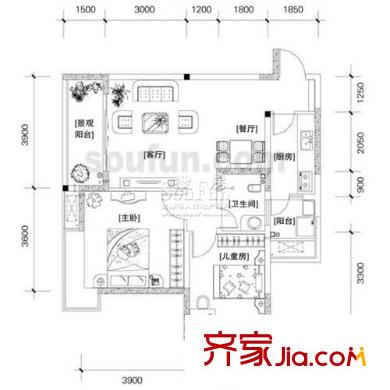 北回歸線戶型圖B戶型 2室2廳1衛(wèi)1廚
