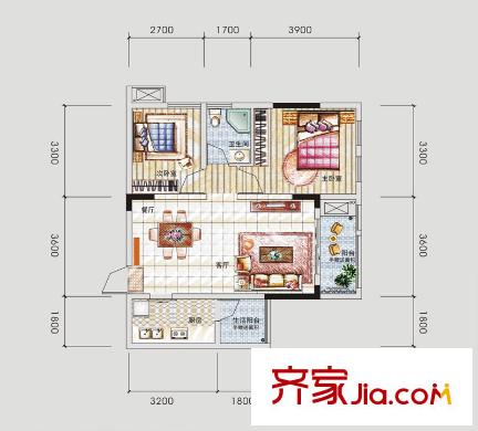 澤科興城戶型圖三期C1棟2號(hào)房(標(biāo)準(zhǔn)層) 2室2廳1衛(wèi)1廚
