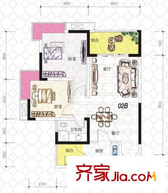 富悅果嶺戶型圖2期2號樓標準層02B戶型 2室2廳1衛(wèi)1廚
