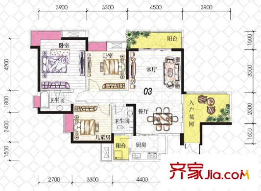 富悅果嶺戶型圖2期1號樓標準層03戶型 3室2廳2衛(wèi)1廚