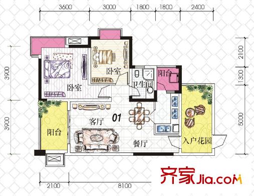 富悅果嶺戶(hù)型圖2期2號(hào)樓標(biāo)準(zhǔn)層01戶(hù)型 2室2廳1衛(wèi)1廚