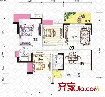 富悅果嶺戶(hù)型圖2期3號(hào)樓標(biāo)準(zhǔn)層03戶(hù)型 3室2廳2衛(wèi)1廚