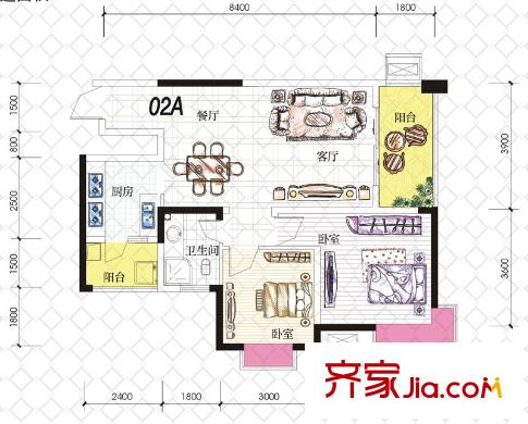 富悅果嶺戶(hù)型圖2期3號(hào)樓標(biāo)準(zhǔn)層02A戶(hù)型 2室2廳1衛(wèi)1廚