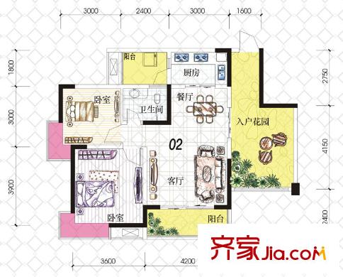 富悅果嶺戶型圖2期1號樓標準層02戶型 2室2廳1衛(wèi)1廚
