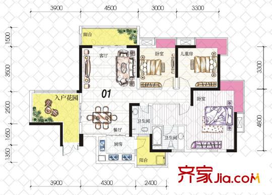 富悅果嶺戶型圖2期1號樓標準層01戶型 3室2廳2衛(wèi)1廚