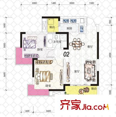富悅果嶺戶型圖2期2號樓標準層02戶型 2室2廳1衛(wèi)1廚