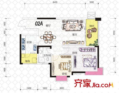 富悅果嶺戶型圖2期2號樓標準層02A戶型 2室2廳1衛(wèi)1廚
