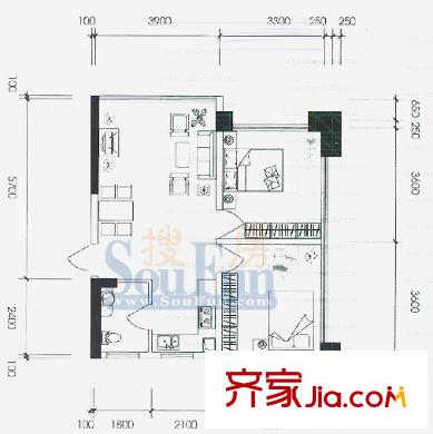 水晶石國(guó)際公寓戶型圖A6B6 2室1廳1衛(wèi)1廚