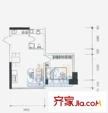 水晶石國際公寓戶型圖A2B2 1室1廳1衛(wèi)1廚