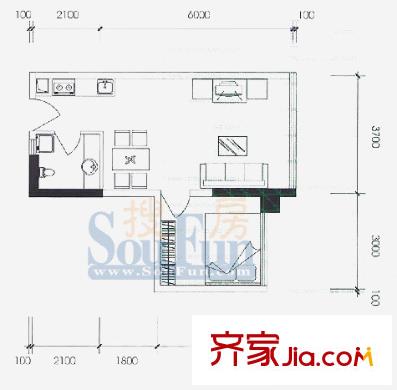 水晶石國(guó)際公寓戶型圖A3B3 1室1廳1衛(wèi)1廚