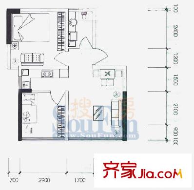水晶石國(guó)際公寓戶型圖A1B1 2室1廳1衛(wèi)1廚