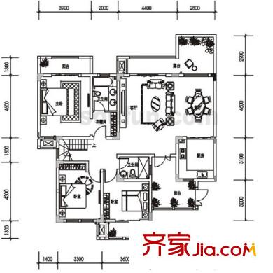 隆鑫花漾湖戶型圖B4-1下層 3室2廳2衛(wèi)1廚
