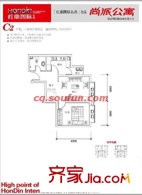 紅鼎國(guó)際名苑戶型圖C戶型 1室1廳1衛(wèi)1廚