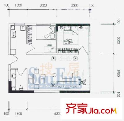 水晶石國(guó)際公寓戶型圖A5B5 2室1廳1衛(wèi)1廚