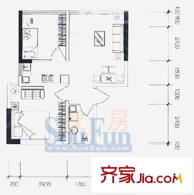 水晶石國際公寓戶型圖A7B7 2室1廳1衛(wèi)1廚