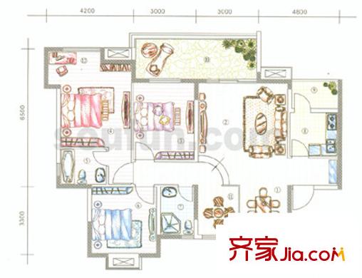 金鞍香海驛戶型圖9號(hào)樓4號(hào)房 3室3廳2衛(wèi)1廚