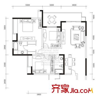 銀鑫蓮花半島戶型圖1棟B型(3-22層) 3室2廳2衛(wèi)1廚