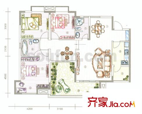 金鞍香海驛戶型圖7號(hào)樓1號(hào)房 3室2廳2衛(wèi)1廚