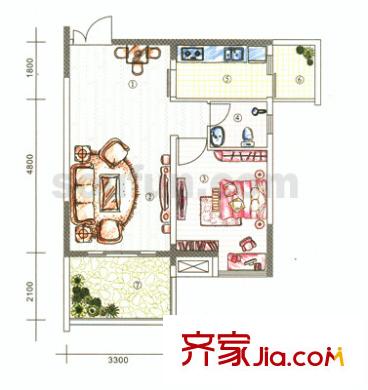 金鞍香海驛戶型圖6號(hào)樓3號(hào)房 1室1廳1衛(wèi)1廚
